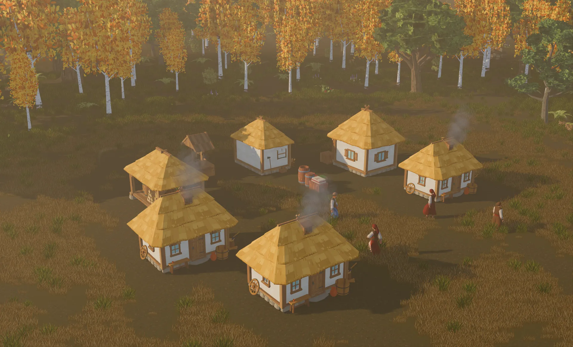 Uma aldeia cossaca de khatas com telhado de palha e fumaça nas chaminés ao lado de um bosque de bétulas no outono, do jogo Sich: Cossacks Tale